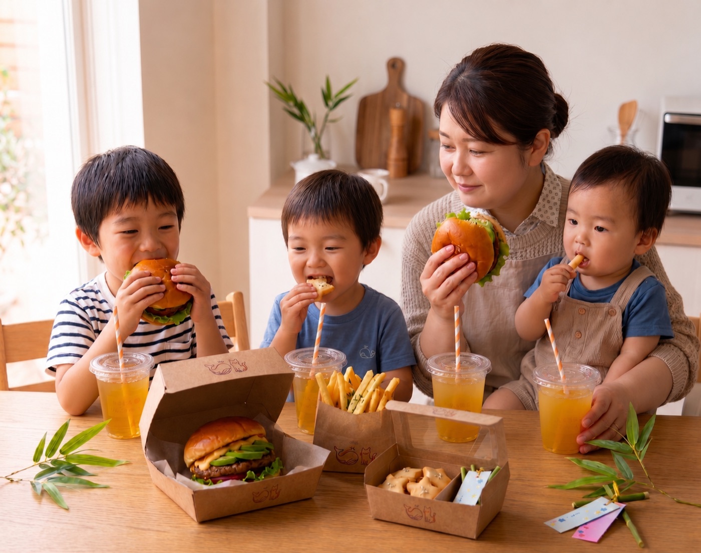 バーガーを頬張る家族